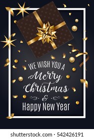 Christmas black greeting card with gift box and gold bow. Happy New Year decoration with confetti and stars. Christmas typographical background with gift and decor elements. Vector