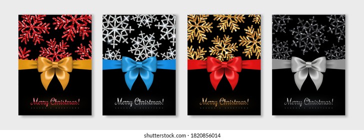 Weihnachtsschwarze Grußkarten mit Seidenbandbogen und glänzenden Schneeflocken. Vektorgrafik. Ort für Textnachricht. Broschüren-Design, Poster oder Einladungen.