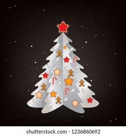 Christmas black greeting with white tree and decorations