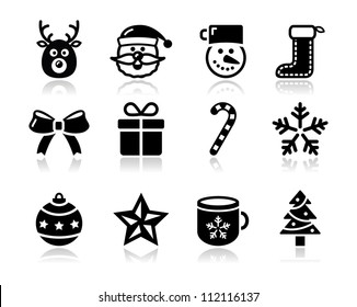 Christmas black icons with shadow set - santa, present, tree