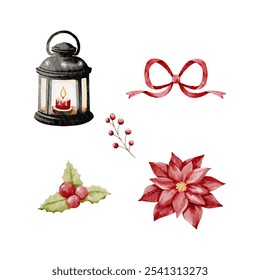 Christmas black lantern.Watercolor winter set with lantern,red berries,ribbon,red flower. Christmas decoration vector