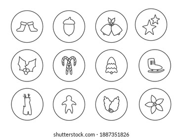 Christmas black line icons set. Contour symbols of winter holidays sock, star, christmas tree, bells. Button xmas logo, web signs, pictograms package. Templates isolated on white vector illustration