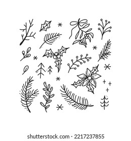 Christmas black outline doodle set. Hand drawn new year collection, tree branches, snowflakes, holly. Winter decorative elements in line art style. Vector illustration isolated on white background.