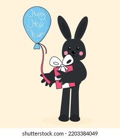 christmas black rabbit with gift and balloon with text happy new year Vector Greeting card Template for printing