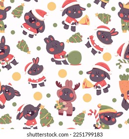 Christmas black rabbit vector cartoon seamless pattern background for wallpaper, wrapping, packing, and backdrop.
