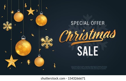 christmas black sale banner template with gold glitter happy vacation star party black abstract holiday background scene ball gold ceremony christmas rich celebration glow golden smiling flag laughing