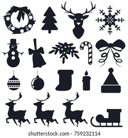 Christmas black silhouette flat icons set. Vector holiday symbols isolated on white background.