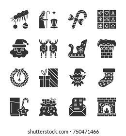 Christmas black silhouette icon set. Monochrome flat design symbol collection. Simple graphic pictogram pack. Vector isolated on white web, print, banner, card, logo, label, poster design 