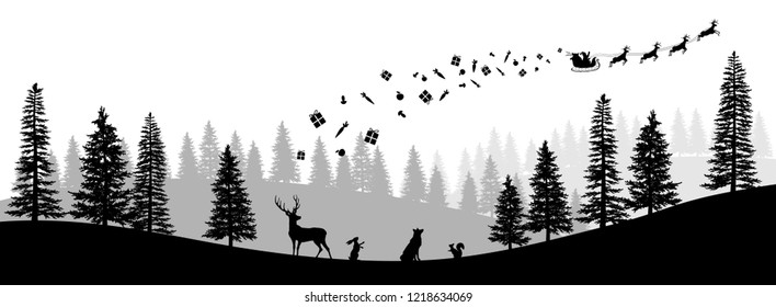 Christmas black silhouette. Panorama of Santa Claus riding sleigh with deers. Winters new year landscape. Forest scene. Holidays background. Vector illustration