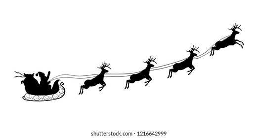 Christmas black silhouette. Santa Claus riding sleigh with deers. Winters new year landscape. Holidays background. Vector illustration