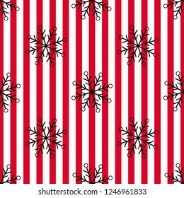 Christmas black snowflake seamless pattern. Black snow on red white lines background. Winter snow texture design wallpaper Symbol holiday, New Year celebration Vector illustration eps10