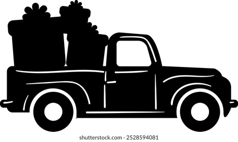 Christmas black truck with a Christmas presents on a white background
