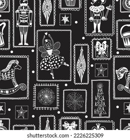 Christmas black vector seamless Nutcracker pattern.  Seamless pattern can be used for wallpaper, pattern fills, web page background, surface textures.