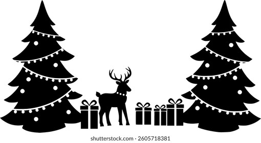 Christmas Black Vector Silhouette on White Background | Holiday Illustration | Festive Winter Scene | Minimalist and Editable Design