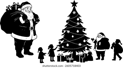 Christmas Black Vector Silhouette on White Background | Holiday Illustration | Festive Winter Scene | Minimalist and Editable Design