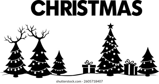 Christmas Black Vector Silhouette on White Background | Holiday Illustration | Festive Winter Scene | Minimalist and Editable Design