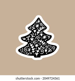 Pegatina vectorial negro de Navidad con un árbol de abetos lindo y divertido. Personaje de insignia escandinava dibujado a mano para cuaderno, libro de recortes o planificador. ilustración aislada gráfica plana.