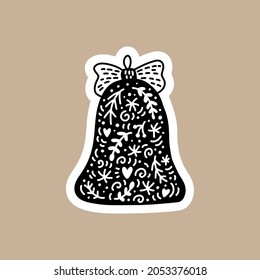 Christmas Black vector sticker with cute and funny bell. Hand drawn scandinavian badge character for notebook, scrapbook or planner. flat graphic isolated illustration.