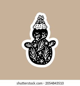Christmas Black vector sticker with cute and funny snowman. Hand drawn scandinavian badge character for notebook, scrapbook or planner. flat graphic isolated illustration.