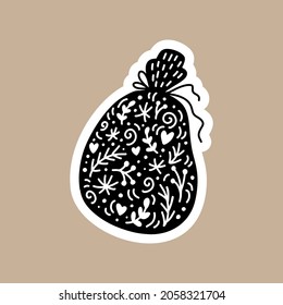 Christmas Black vector sticker with cute xmas bag. Hand drawn scandinavian badge character for notebook, scrapbook, smartphone or planner. flat graphic isolated illustration.