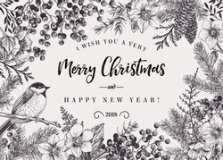 Christmas Black And White Background With Bird And Winter Plants. Vector Frame. Botanical Illustration.