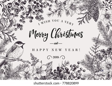 Christmas black and white background with bird and winter plants. Vector frame. Botanical illustration.