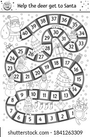 Christmas black and white board game for children with cute animals and Santa Claus. Educational boardgame with deer, Santa, fir tree, presents. Funny winter printable activity or coloring page. 
