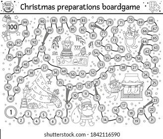 Christmas black and white board game for children with cute animals and Santa Claus. Educational boardgame with fir tree, chimney, cookies. Funny winter printable activity or coloring page. 
