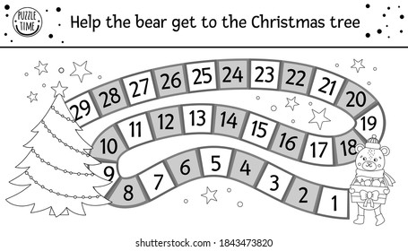 Christmas black and white board game for children with cute animal. Educational board game with holiday decorations, bear, Christmas tree. Funny winter printable activity or coloring page. 
