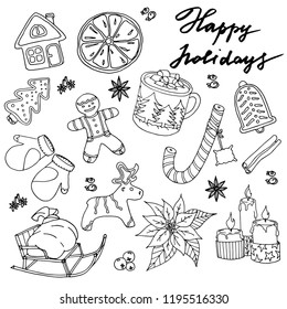 Christmas black and white card with gingerbrad cookies, flowers and sweets