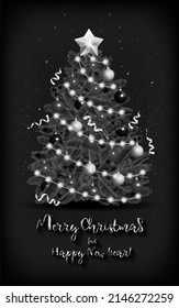 Christmas black and white card with a Christmas tree. Vector illustration