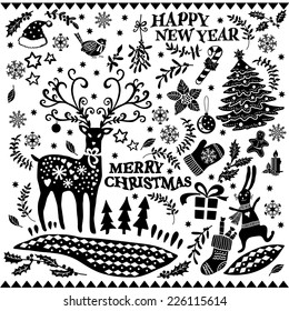 Christmas black and white doodle set. Hand-drawing graphics. Set of Christmas icons. Elements for design of cards, invitations and other print  projects.