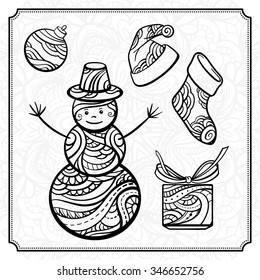 Christmas black and white doodles set. Zen doodle style.