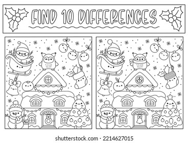 Christmas black and white find differences game for children. Attention skills activity with cute Santa Claus, house, tree, snowman. New Year line puzzle or coloring page for kids
