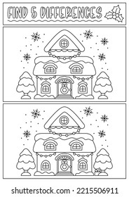 Christmas black and white find differences game for children. Attention skills activity with cute decorated house, tree, snow and snowflakes. New Year line puzzle or coloring page for kids
