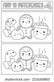 Christmas black and white find differences game for children. Attention skills activity with cute treats, gingerbread. New Year line puzzle or coloring page for kids. What is different worksheet