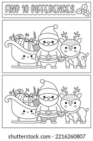 Christmas black and white find differences game for children. Attention skills activity with cute Santa Claus, deer. New Year line puzzle or coloring page for kids. What is different worksheet