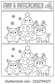 Christmas black and white find differences game for children. Attention skills activity with cute owl, decorated tree, deer. New Year line puzzle, coloring page for kids. What is different worksheet