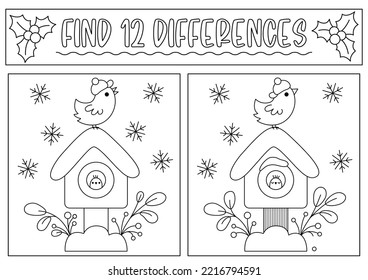 Christmas black and white find differences game for children. Attention skills activity with cute bird house, snowflakes. New Year line puzzle or coloring page for kids. What is different worksheet
