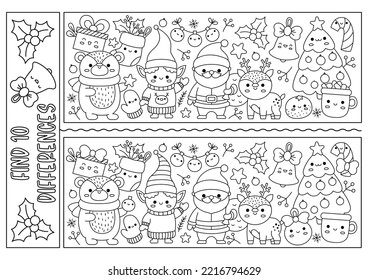 Christmas black and white find differences game for children. Attention skills activity with cute Santa Claus, deer, tree, animals and winter symbols. New Year line puzzle or coloring page for kids
