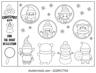 Christmas black and white find the right mirror reflection activity. Logical matching quiz with Santa Claus, snowman, elf, bear. Winter holiday puzzle or coloring page with cute kawaii characters
