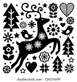 Christmas black and white folk vector pattern, Scandinavian folk art, reindeer, birds and flowers decoration or greeting card 