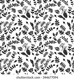 Christmas black and white herbal pattern. Hand drawing. White background. Seamless pattern for fabric, paper and other printing and web projects.  