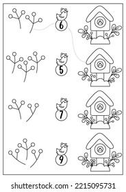 Juego navideño en blanco y negro con un bonito pájaro kawaii y un pajar. Actividad matemática de vacaciones de invierno para niños de preescolar. Página de coloreado para el recuento de Año Nuevo imprimible educativo
