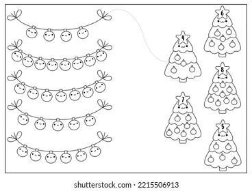 Christmas black and white matching game with cute kawaii fir tree, colored balls. Winter line holiday math activity for preschool kids. Educational printable New Year counting coloring page
