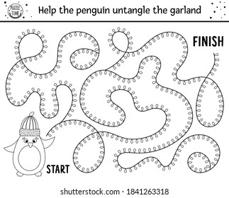 Christmas Black And White Maze For Children. Winter New Year Preschool Printable Educational Activity Or Coloring Page. Funny Holiday Game Or Puzzle With Cute Penguin In Hat And Garland. 
