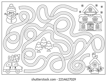Christmas black and white maze for kids. Winter line holiday preschool printable activity with cute kawaii car, tree, decorated house. New Year labyrinth game, puzzle or coloring page
