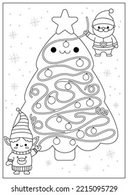 Christmas black and white maze for kids. Winter holiday preschool printable activity with cute kawaii Santa Claus and elf decorating tree with garland. New Year labyrinth game or coloring page