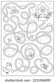 Christmas black and white maze for kids. Winter line holiday preschool printable activity with cute kawaii bird, snowflakes, birdhouse. New Year labyrinth game, puzzle or coloring page
