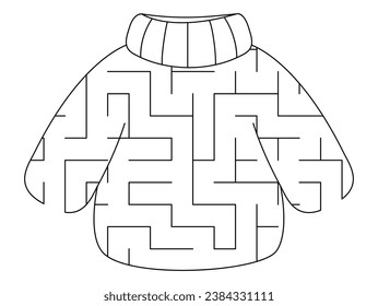 Christmas black and white maze for kids in shape of sweater. Winter holiday line preschool printable activity with cute kawaii clothes. New Year geometrical labyrinth coloring page 
